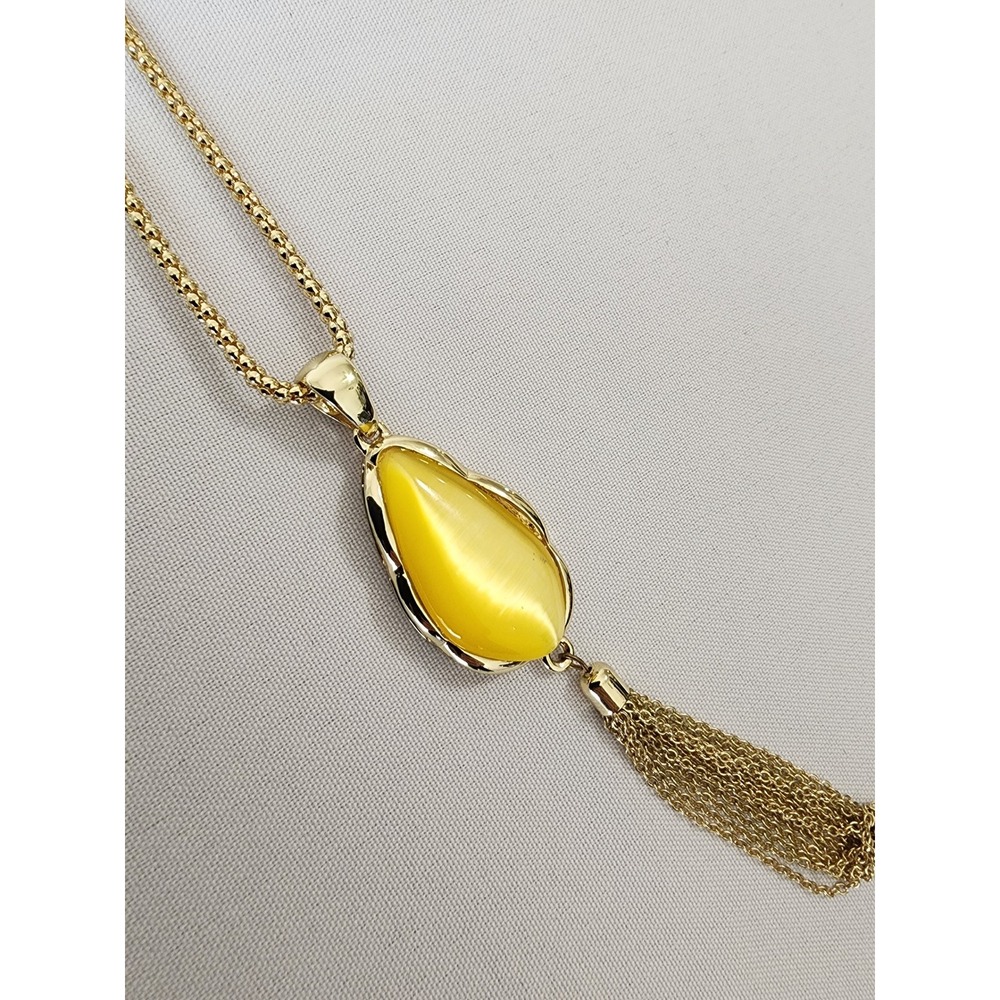 Gold Tone Long Popcorn Chain Yellow Cat's Eye Teardrop Tassel Pendant Necklace - Picture 7 of 7